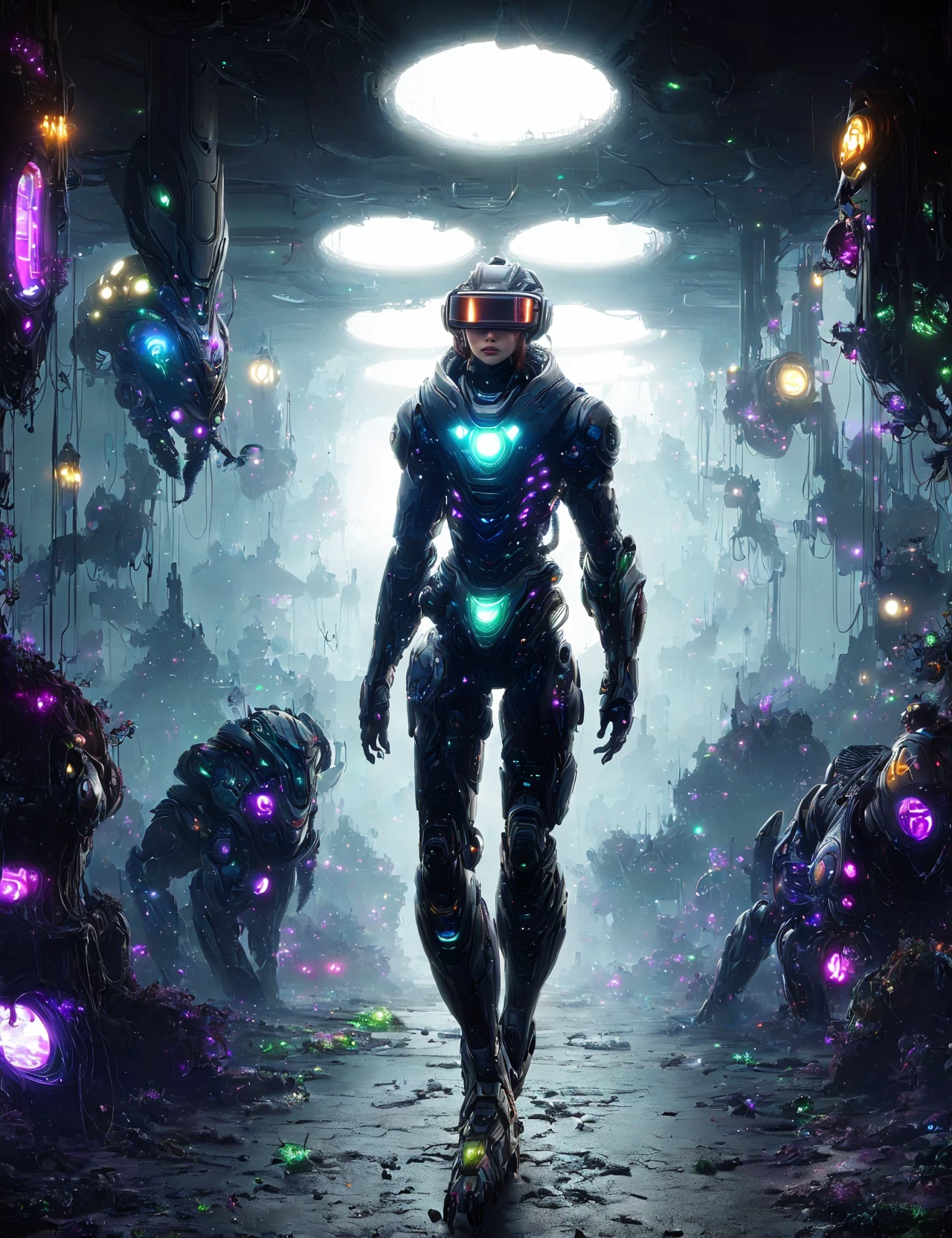 masterpiece, awesome quality, hyper detailed, DonMX3n0 organic, futuristic, scifi,  female tech vandal, virtual constructs, digital entities existing purely in virtual reality, taking on various forms and functions, retirement age, slender, southeast asian, honey eyes,  nostril narrow nose, tapered chin,   unusual forehead,     , dark auburn bob cut hair, regret, pensive posture, character stands with one hand on the chin, lost in thought or contemplation,  wearing  plasma-mesh culottes,  neon circuit crop jacket,  neural lace fascinator hat, thermal-regulating poncho ,,bionic sunglasses , electromagnetic levitation, character floats slightly above the ground, legs crossed, emanating a magnetic aura, vr illusionist's hideaway,  quartzite stone,concrete tiles roof,asphalt, glow-in-the-dark insects,in-ground well lights, bar lighting, biopunk  <lora:DonMX3n0:0.7>