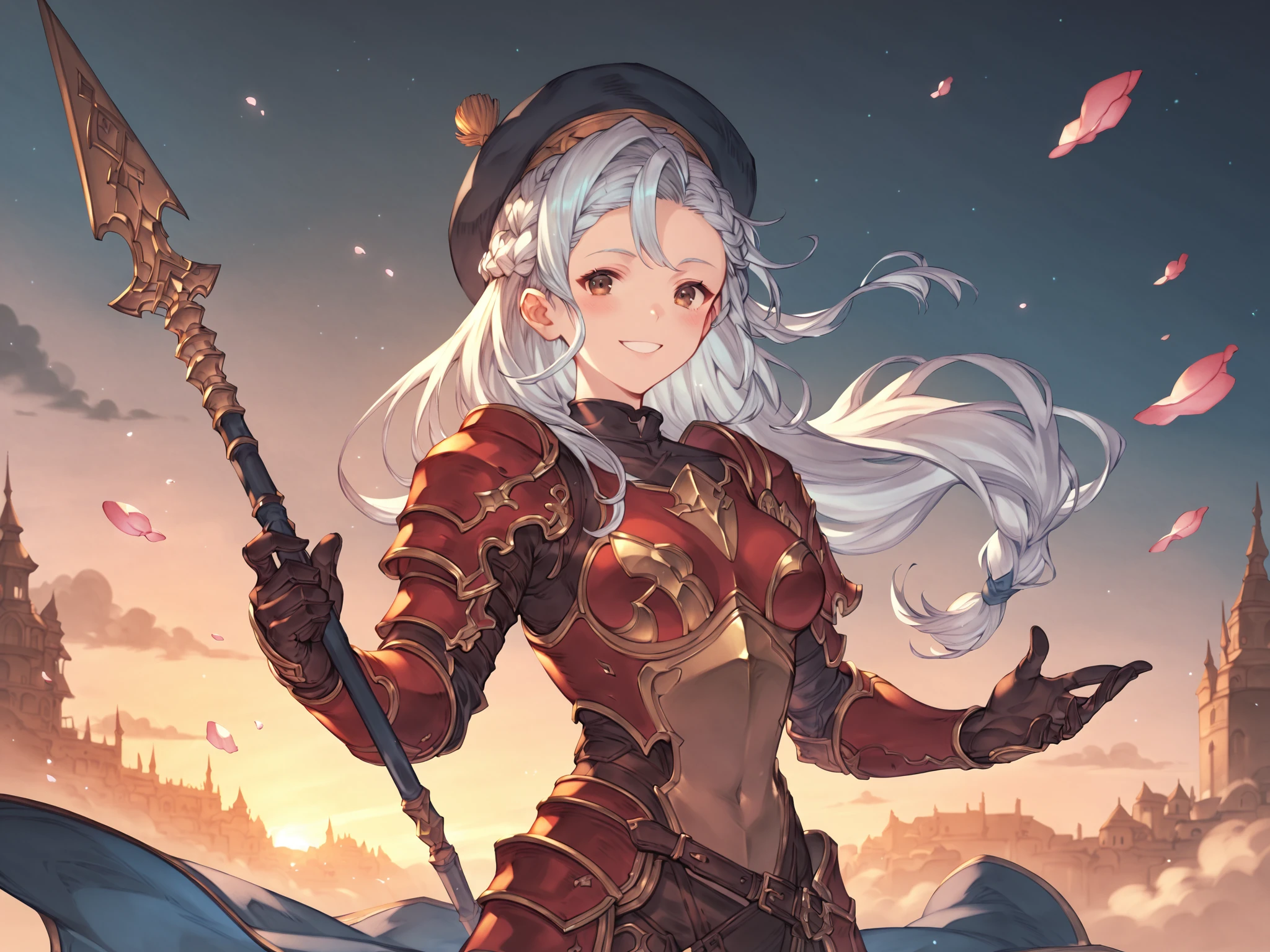 score_9,score_8_up,score_7_up,score_6_up,source_anime,solo,1girl,looking at viewer,upper body,blush,smile,light blue hair,long hair,braid,brown eyes,medium breasts,standing,holding spear,armor,brown glvoes,hat,<lora:Granblue_Fantasy_Style_XLv4:1>,boring_sdxl_v1,