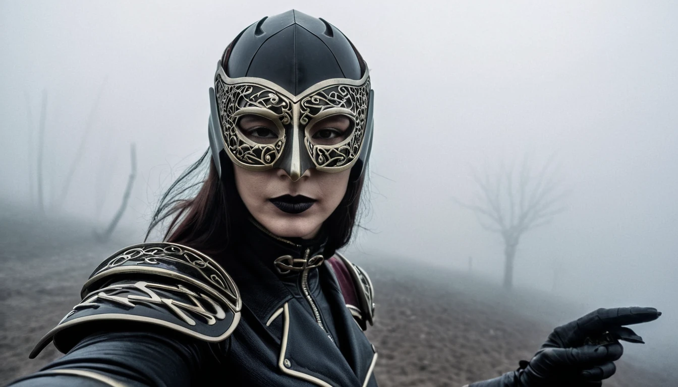 ZechsMerquiseMask, photography art stylized by Ando Fuchs, selfie shot angle of a Gloomy Female Shadow assassin, best quality, wearing wearing a mask, Foggy conditions, Depth of field 270mm, Cathode tube