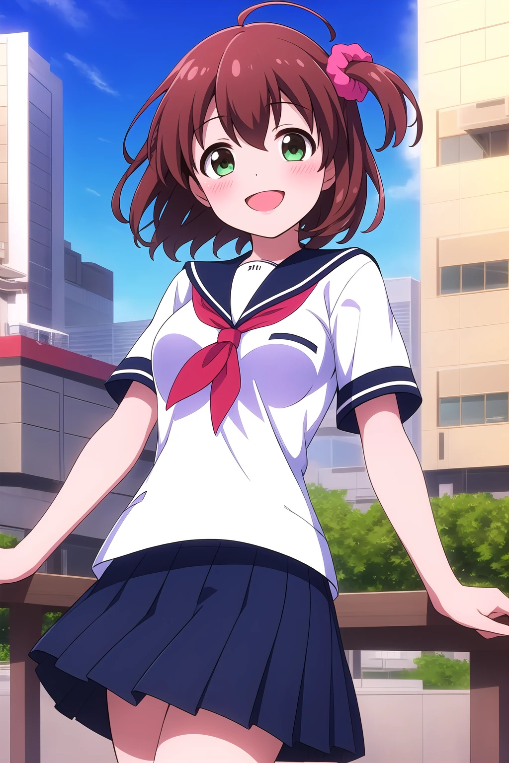 (masterpiece, best quality), highly detailed background, perfect lightingbest quality, hoshitsukimiki, solo, outdoors, city, brown hair, one side up, hair scrunchie, red scrunchie, ahoge, hair between eyes, bangs, short hair, green eyes, medium breasts, serafuku, white shirt, blue sailor collar, red neckerchief, blue skirt, pleated skirt, school uniform, smile, open mouth, :d, pink lips, <lora:Hoshitsuki-Miki:0.7>