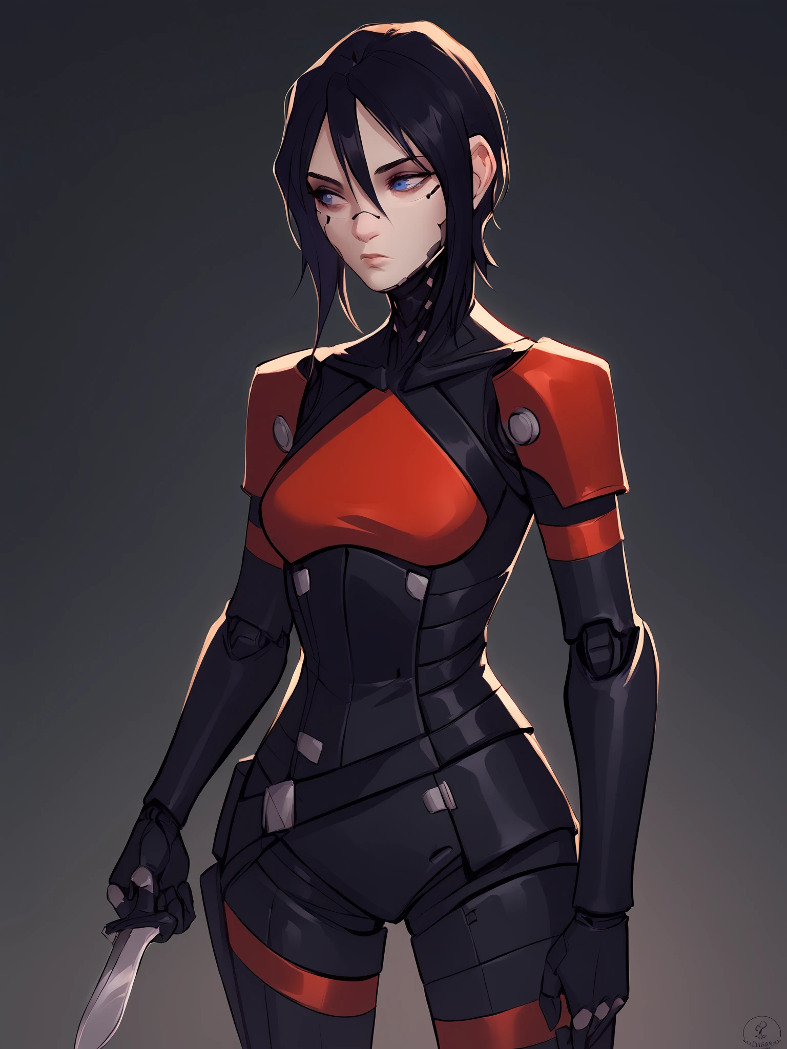 score_9, score_8_up, score_7_up, score_6_up, score_5_up, score_4_up, rating_safe
BREAK
elster, cyborg, black hair, blue eyes, expressionless, looking away, hair between eyes,
BREAK
solo, cowboy shot, skinny, black bodysuit, red accents, red leotard, medium breasts, holding knife,
BREAK
black background, realistic, chromatic aberration, <lora:Lunas-HotaruSen-SDXL-A1:1> <lora:Lunas-Elster-Signalis-SDXL-A1:1>