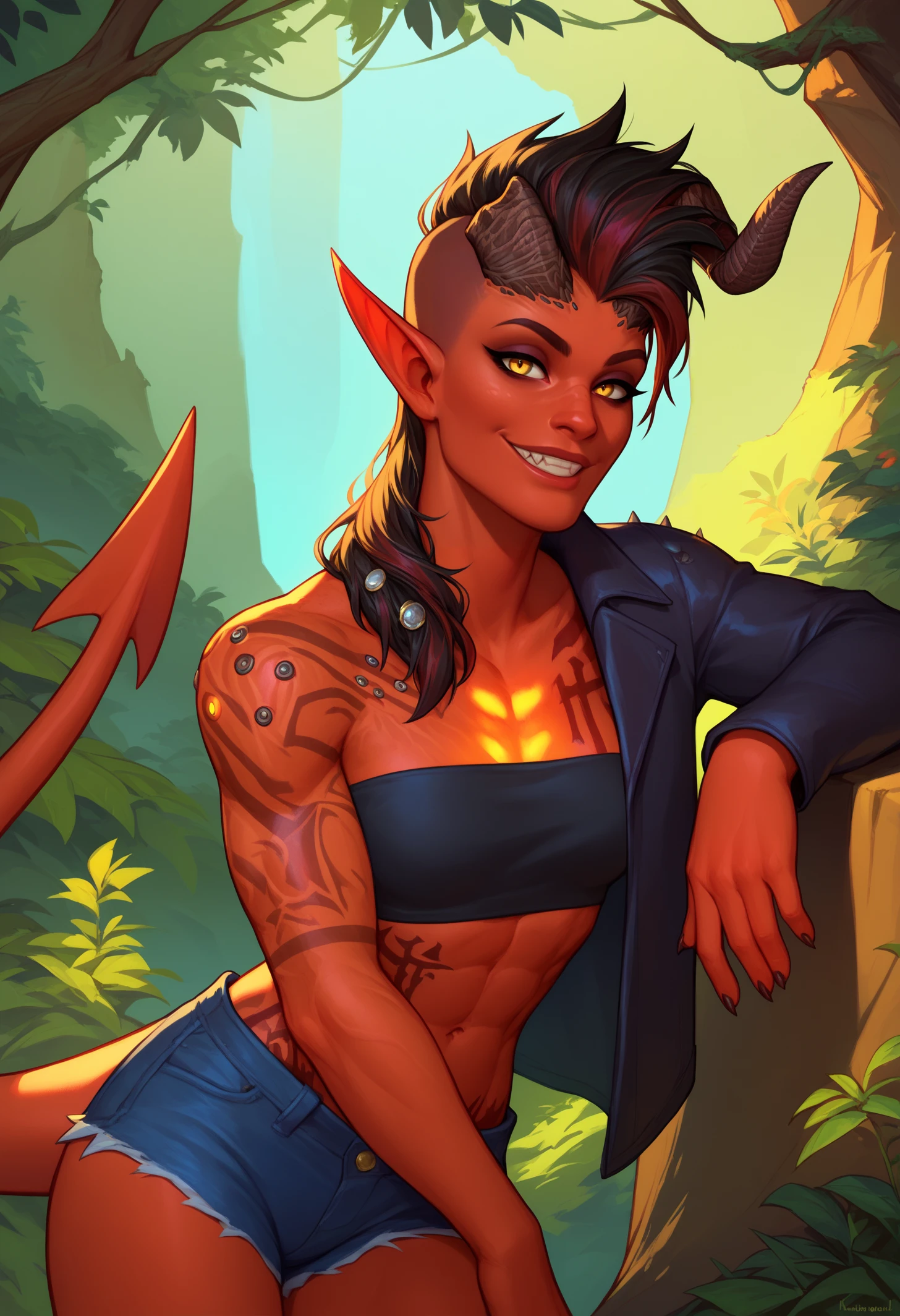 score_9, score_8_up, score_7_up, 1girl, solo, KarlachBG3, colored skin, demon girl, tail, yellow eyes, tattoo, <lora:KarlachBG3PDXL_V1-Manityro-adamw:1.0>, outdoors, cliffside, forest, cowboy shot, toned, looking at viewer, smile, lounging, open jacket, tube top, strapless, denim shorts, short shorts