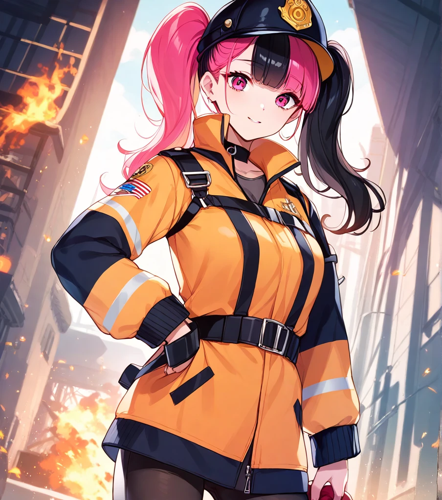 score_9, score_8_up, score_7_up, score_6_up, rating_safe, anime_source, zoe_rayne,
firefighter,
1girl, solo, long hair, bangs, black hair, hat, twintails, pink hair, multicolored hair, pink eyes, two-tone hair, split-color hair,
(large breasts:0.75), detailed background,
<lora:zoe_rayne:1>