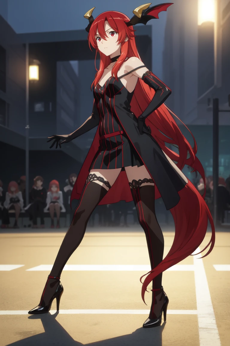 masterpiece, best quality, absurdres, portrait,  full body, 1girl, lisara <lora:Lisara Restall:0.8>, red hair, red eyes, hair between eyes, very long hair, (small breasts), (LisaraDe:1.25), (striped), elbow gloves, black thighhighs, black dress, black gloves, black heels, choker, (head wings:0.85), horns, bare shoulders, , 
BREAK  nice hands, perfect hands, <lora:GoodHands-beta2:0.8>, beaufitul hand, beautiful finger, Outdoor movie screenings, (perfect anatomy),  [Cinematic lighting|Volumetric Lighting], looking at viewer