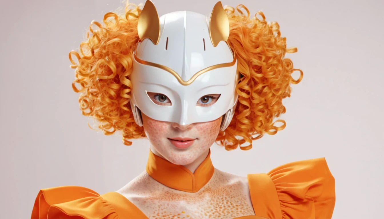 ZechsMerquiseMask, 3D Rendering, Portrait of a wearing Adorable orange Golden Age wearing a mask, Attractive (Woman:1.1) , Colored hair styled as Curly, Melekeok in background, soft focus, Fantasy, Cutester Art, side lit, Hypersaturated, freckles, kawaii