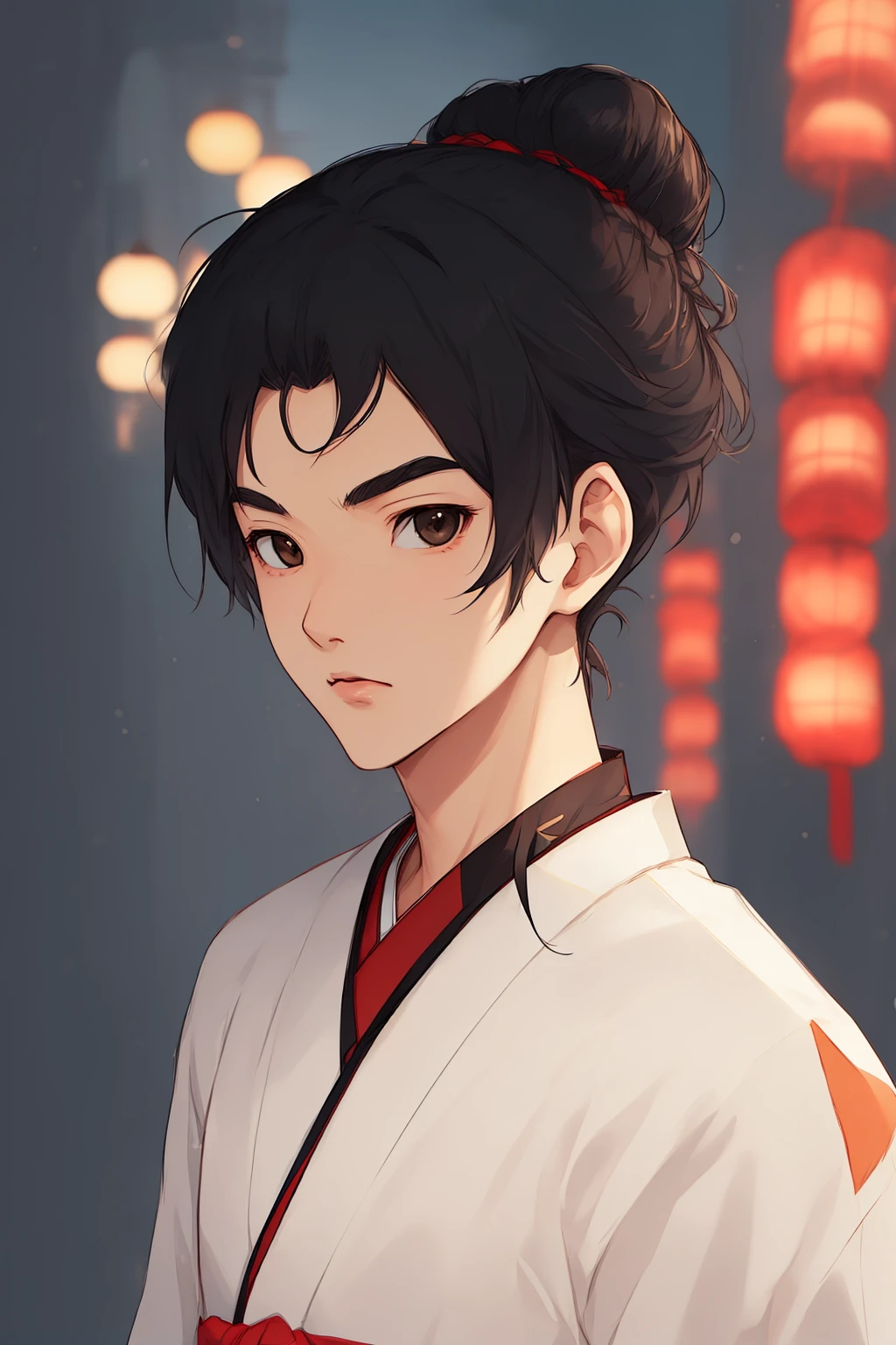 (masterpiece, best quality, ultra-detailed:1.33),(Japan anime style, Toon style:1.231),1boy,solo,Slim Asian boy,27-years-old male,handsome detailed face,solid eyes,black eyes,(Man Bun Haircut, traditional japanese -style fusion of modern style clothing:1.25),([Leko lighting|Fresco lighting|volumetric lighting|Low key lighting|Task lighting]:1.1),(Fear Kubrick:1.21),