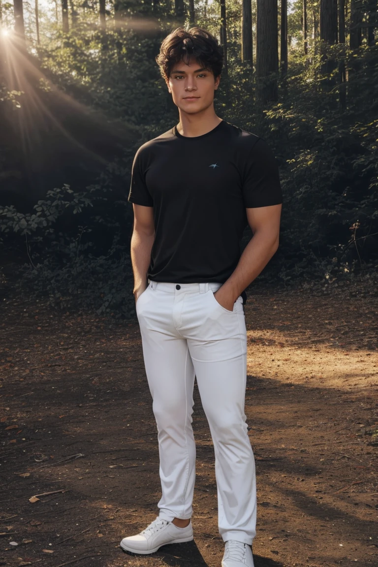 FULL full Body photorealistic 4k, high resolution, best quality, masterpiece, perfect color, make his abes , full body view perfect shade, perfect lighting, Posted by e621, ((portrait)), ((handsome man)), perfect male figure, Short hair details，chest muscles，abdominal muscles，N,  Detailed face, perfect face, (stood up), Detailed background, ((Bonifasco Lighting)), (delicate eyes),(),white hair, forest scene photo, professional movie, professional picture, ultra detailed, ultra realistic, cinematic, sharp focus full body view from the legs make him wear white pants