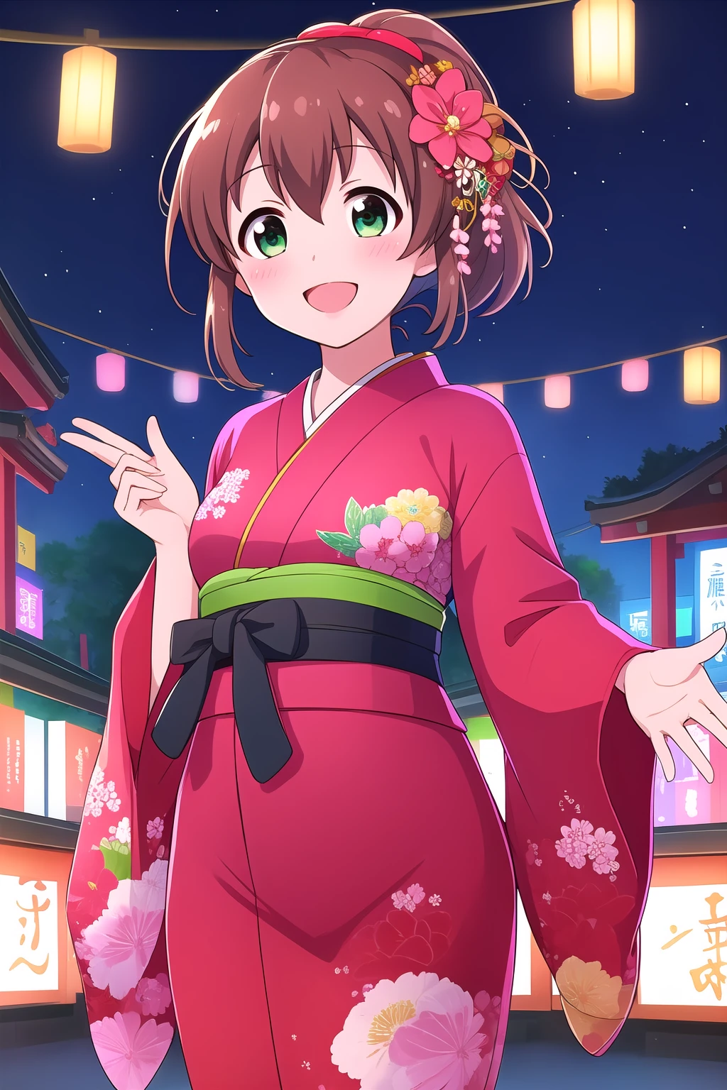 (masterpiece, best quality), highly detailed background, perfect lightingbest quality, hoshitsukimiki, solo, outdoors, night, summer festival, brown hair, high ponytail, hair flower, hair ornament, hair between eyes, bangs, short hair, green eyes, medium breasts, red kimono, floral print, japanese clothes, smile, open mouth, :d, pink lips, <lora:Hoshitsuki-Miki:0.7>