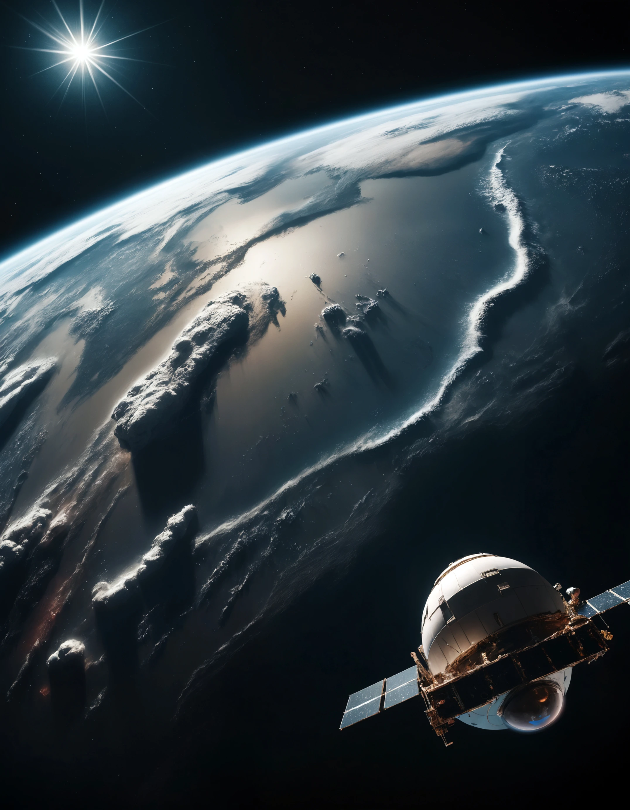 award winning shot of sattelite in space looking back at earth making an amospheric heavy scene, film grain, candid camera, color graded cinematic, RAW photo, 24mm lens