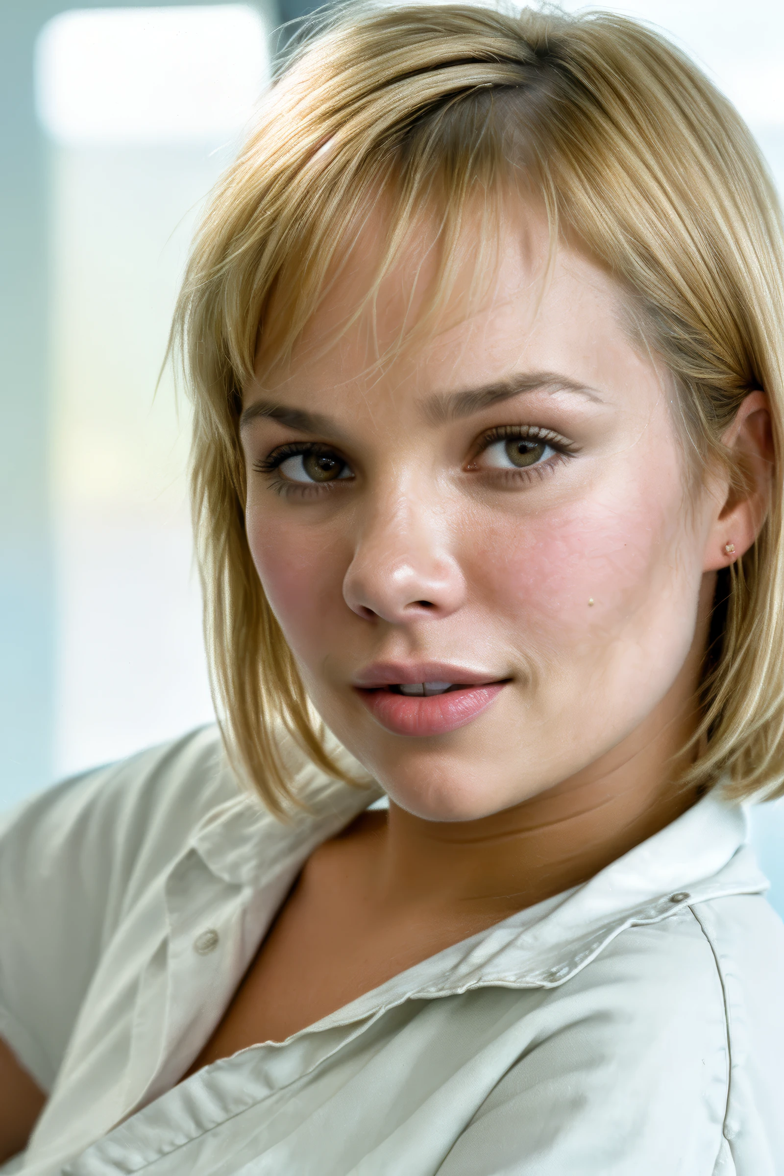 closeup headshot of (CTI_moniqu3vand3v3n:0.99), (blouse and trousers), flirtatious expression, (short blonde hair), soft pale white skin, black-eyeshadow, (beautiful natural soft light), shallow depth of field, vignette, epic, gorgeous, film grain
