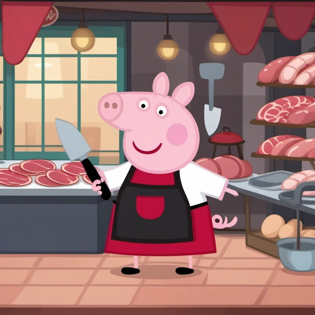 cinematic photo a cartoon pig dressed as a butcher, butcher apron, holds a butcher knife, butcher's shop <lora:Peppa1024:0.8> . 35mm photograph, film, bokeh, professional, 4k, highly detailed
