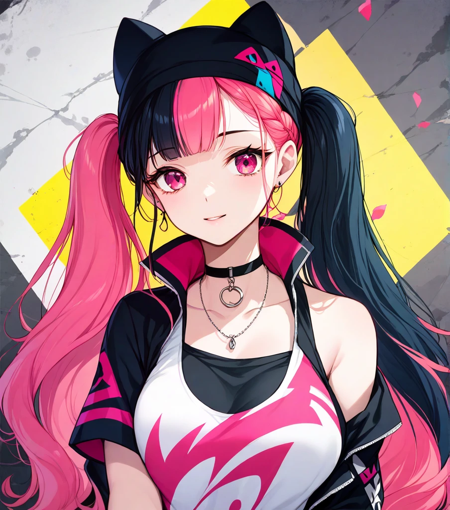 score_9, score_8_up, score_7_up, score_6_up, rating_safe, anime_source, zoe_rayne,
1girl, solo, long hair, bangs, black hair, hat, twintails, pink hair, multicolored hair, pink eyes, two-tone hair, split-color hair,
large breasts, detailed background,
<lora:zoe_rayne:1>