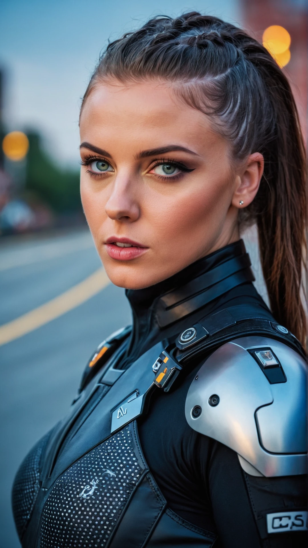 masterpiece RAW photo, macro, portraite poster, cyberpunk girl pilot, casual plugsuit, bokeh, desrt road in background, atompunk style, concept art, realistic, bold lines, elegant, clear and soft, sharp focus, sharpness, 35mm lens., RAW photo, sci-fi, extremely detailed,