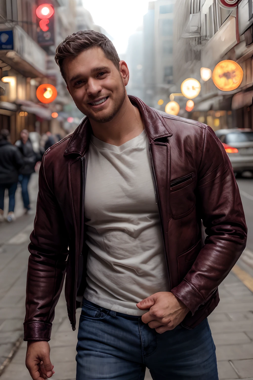 MichaelBuble, photo of a rugged man wearing leather jacket and jeans and white t-shirt walking down the street, smile, soft focus, photo by mark henderson, cinematic, natural lighting, muted colors, night, bokeh, face portrait, (extreme close up:1), urban, beard, dynamic pose, muscular, fog, red and blue neon city lights, alley, realistic, masterpiece, intricate details, detailed background, depth of field <lora:MichaelBubleLora:1>