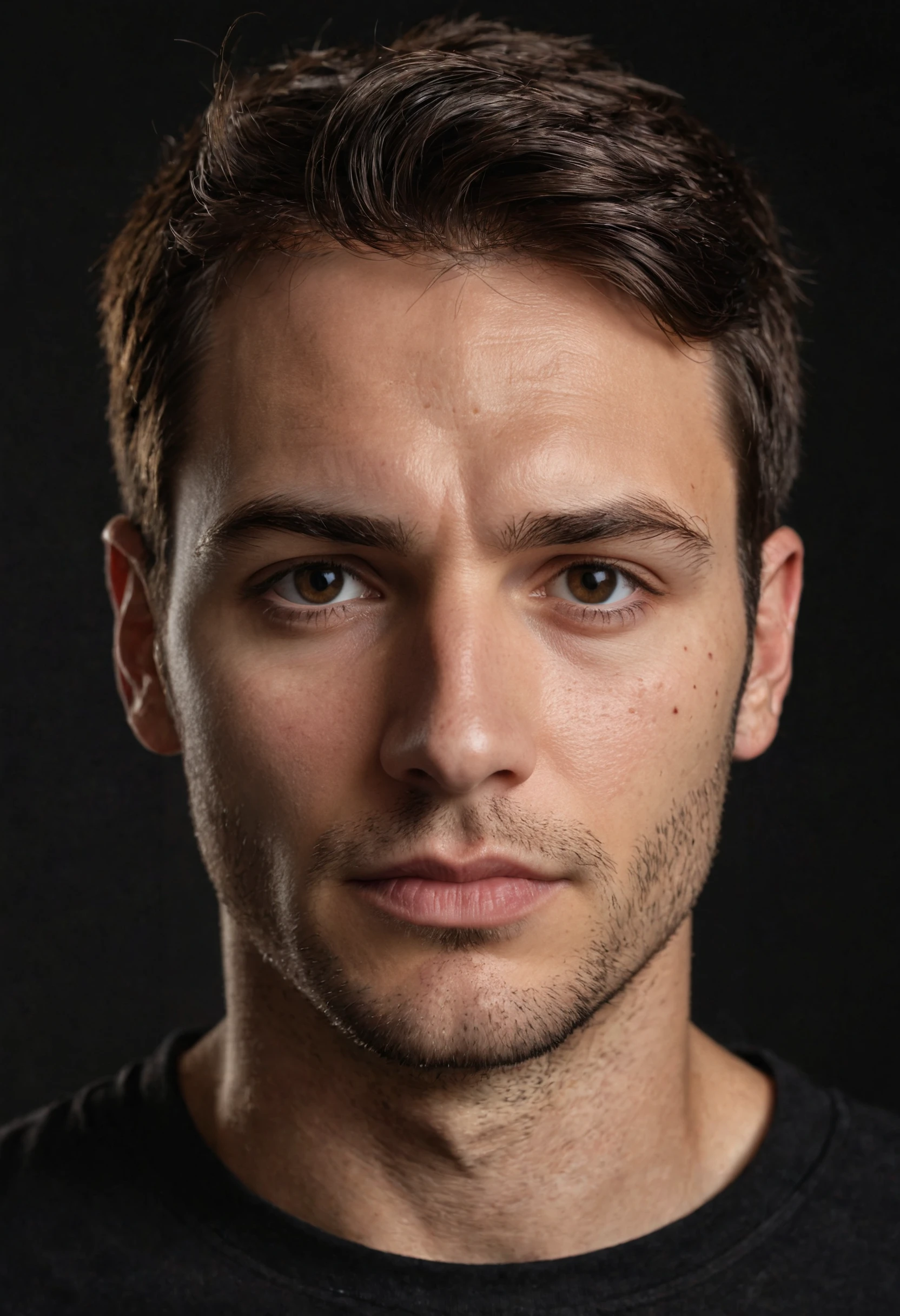 high quality, face portrait photo of 30 y.o european man, wearing black shirt, serious face, detailed face, skin pores, cinematic shot, dramatic lighting