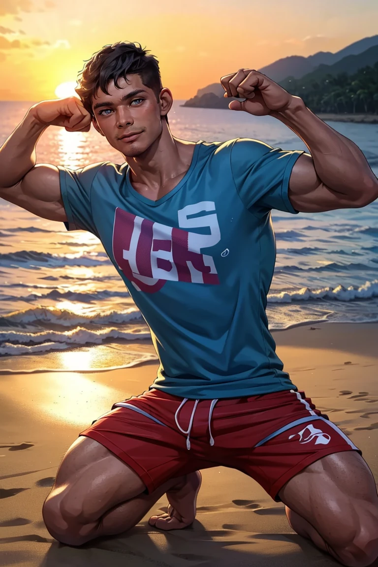 (masterpiece, best quality:1.2), smirk, muscular:1.3, (depth of field:1.1), photo of person, start print t-shirt, shorts, beach, kneeling, portrait, masterpiece, highness, perfect face, perfect picture, detailed eyes, sharp focus, sunset,<lora:EMS-289592-EMS:1.000000>