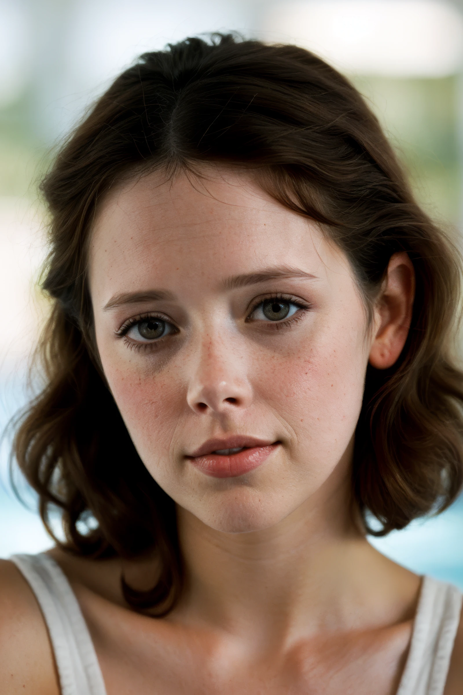 closeup headshot of (CTI_sylv1akrist3l:0.95), ((soft-focus)), (dreamy:1.4), blouse, flirtatious expression, (short curly dark hair, brunette), soft pale white skin, black-eyeshadow, (beautiful natural soft light), shallow depth of field, vignette, epic, gorgeous, film grain