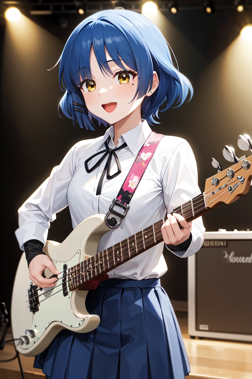 masterpiece, best quality, highres, aaryo, short hair, hair ornament, mole under eye, neck ribbon, collared shirt, (white shirt:1.2), long sleeves, pleated skirt, blue skirt, black pantyhose, <lora:yamada_ryo_v1:0.7>, stage, standing, cowboy shot, holding instrument, bass guitar, smile, open mouth,