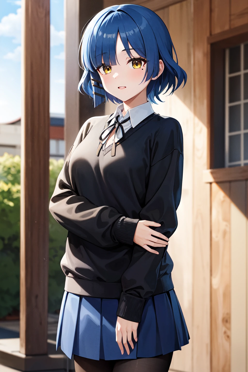 masterpiece, best quality, highres, aaryo, short hair, hair ornament, mole under eye, neck ribbon, (black sweater:1.2), long sleeves, pleated skirt, blue skirt, black pantyhose, <lora:yamada_ryo_v1:0.7>, standing, cowboy shot, outdoors,