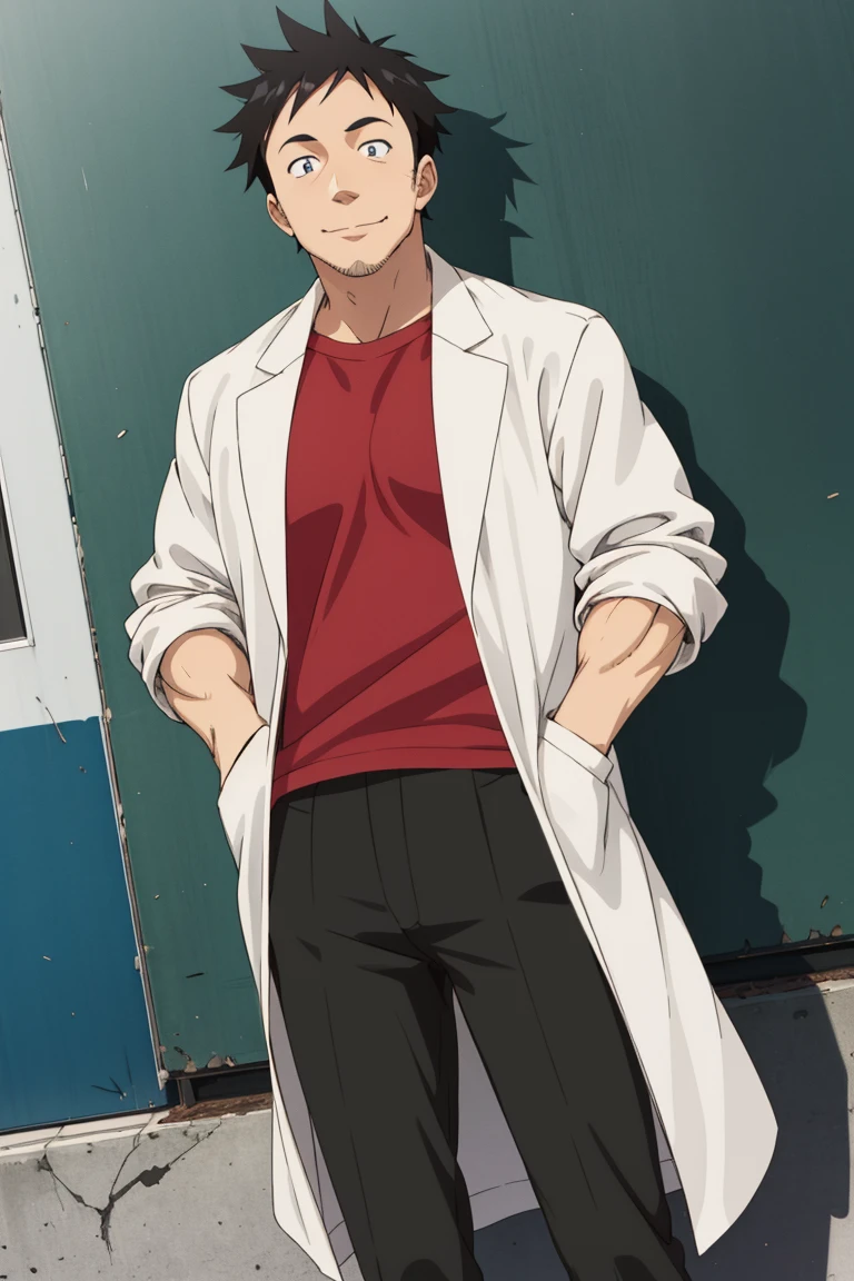 (1 image only), solo male, Tetsuo Takahashi, Demi-chan wa Kataritai, anime, 2d, flat, Asian ,Japanese, biology teacher, tall, black hair, short hair, spiked hair, stubble, black eyes, sideburns, red t-shirt, white labcoat, sleeves rolled up, black pants, black shoes, mature, masculine, handsome, charming, alluring, standing, smile, bluse, hands in pockets, upper body, perfect anatomy, perfect proportions, best quality, masterpiece high_resolution, dutch angle, cowboy shot, school lab,Tetsuo Takahashi,1boy,<lora:EMS-305836-EMS:0.800000>