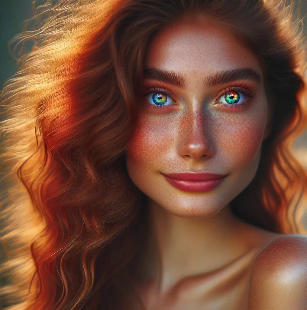 raibow eyes, beautiful lady, (freckles), big smile, ruby eyes, long curly hair, dark makeup, hyperdetailed photography, soft light, head and shoulders portrait, cover,8k, masterpiece <lora:rainbow_iris_v2:1>