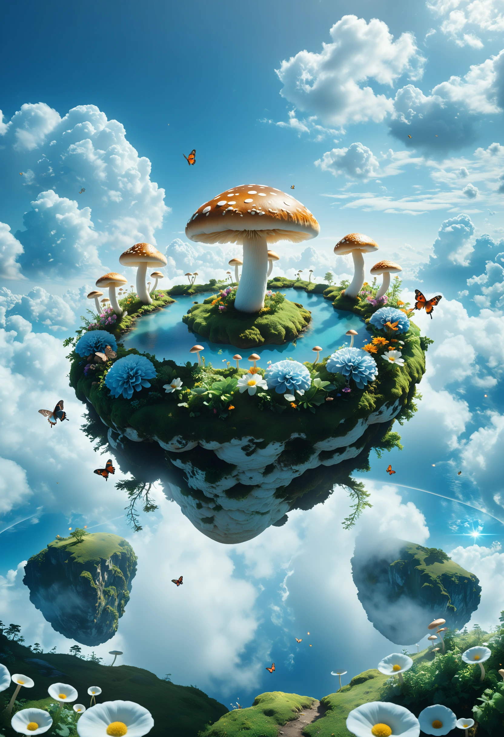 cinematic photo surreal, a floating island with Alice in wonderland, mushrooms, paths, butterflies, movie scenes, rabbits, flowers, The island suspended in the sky. Behind the island is the blue sky and white clouds, It is a hyper-realistic science fiction style, ethereal illustration. conceptual digital art, shrouded in mist ,<lora:xl_floating:0.7> . 35mm photograph, film, bokeh, professional, 4k, highly detailed