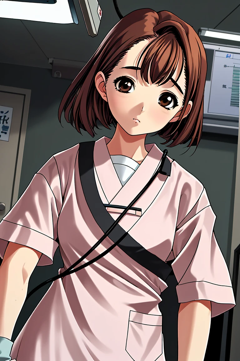 (RAW photo, best quality), 1girl, operating room, overhead surgical light, blurred background, focused, 
 <lora:Ayano Miyamori_PrivateNurse_V1.0-000009:0.8> ayano_pnurse,brown_hair,brown_eyes