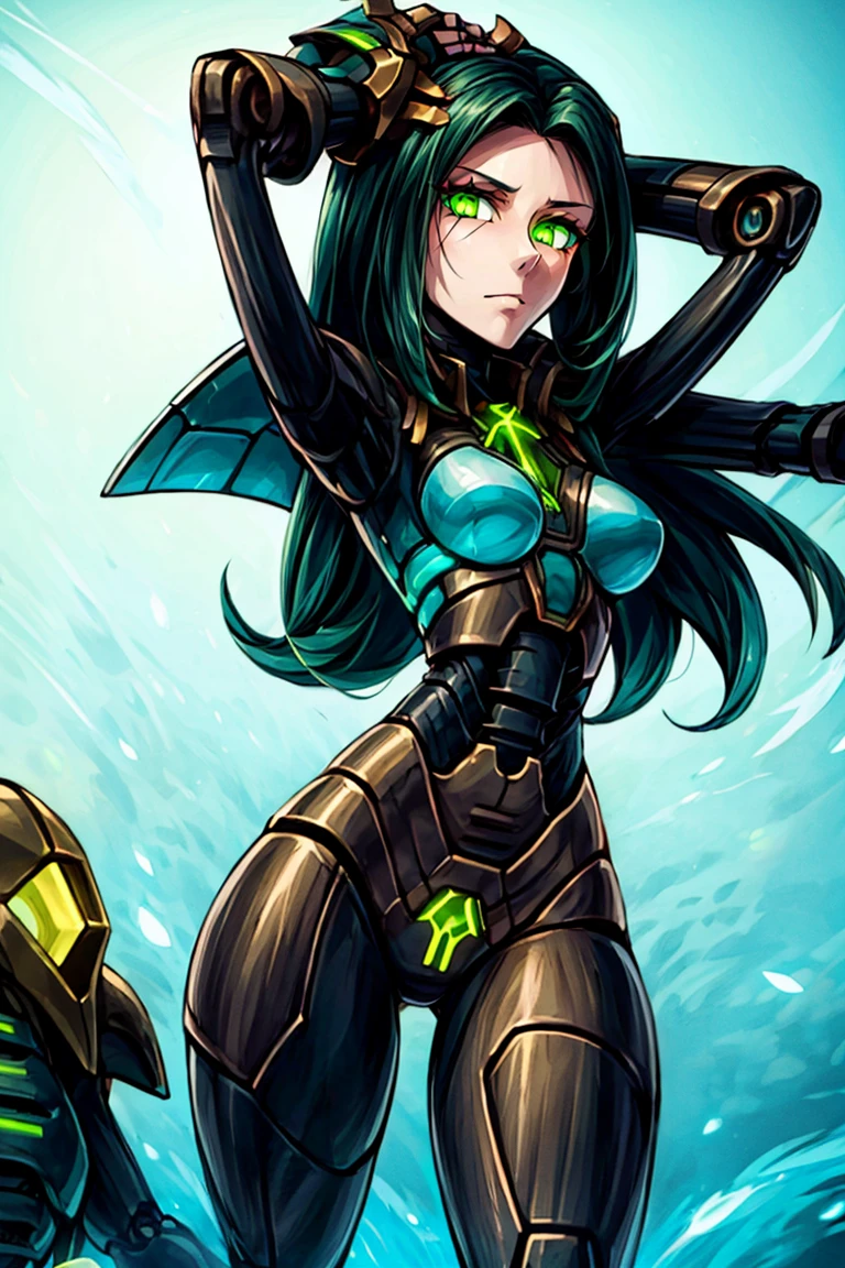 <lora:more_details:0.5>, ((masterpiece,best quality)), anime style,  <lora:Necron_Lord:0.8>, detailed robot face, glowing eyes:1.2,  Necron Lord, 1girl, long hair, breasts, black hair, holding, medium breasts, green eyes, bodysuit, colored skin, glowing eyes, hand on own head, animification,