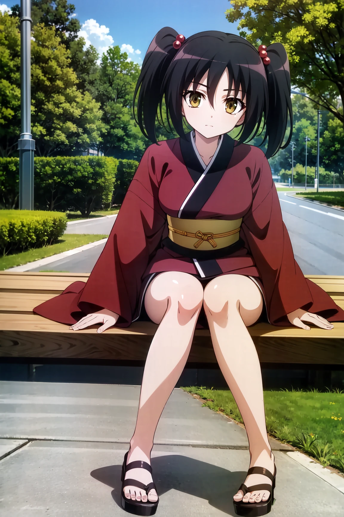 <lora:OmaHimaStylev51:0.8>,(best quality:1.2),absurdres,uhd,8k,magnum opus,volumetric shadows,isometric lighting,anime,solo,facing viewer,Kaya,brown yellow eyes,dark hair,twintails \(two side up\),red kimono,yellow obi,checkered obi,short kimono,bare legs,ankle ribbon,red ribbon,hair bobbles (pink bobbles),grass,outdoors,wooden house,sky,trees,sandals,medium breasts,