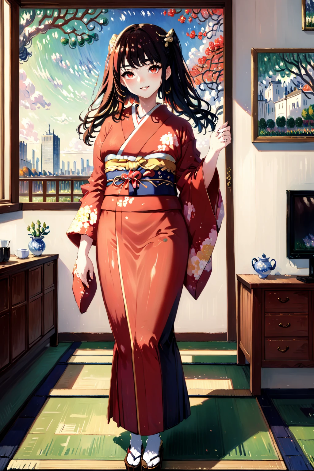 (HDR, raytracing, 8k:1.4)
BREAK art by Monet, Tharja standing in a living room, wearing a red kimono, cityscape, realistic, evil smile <lora:Double_double:1>