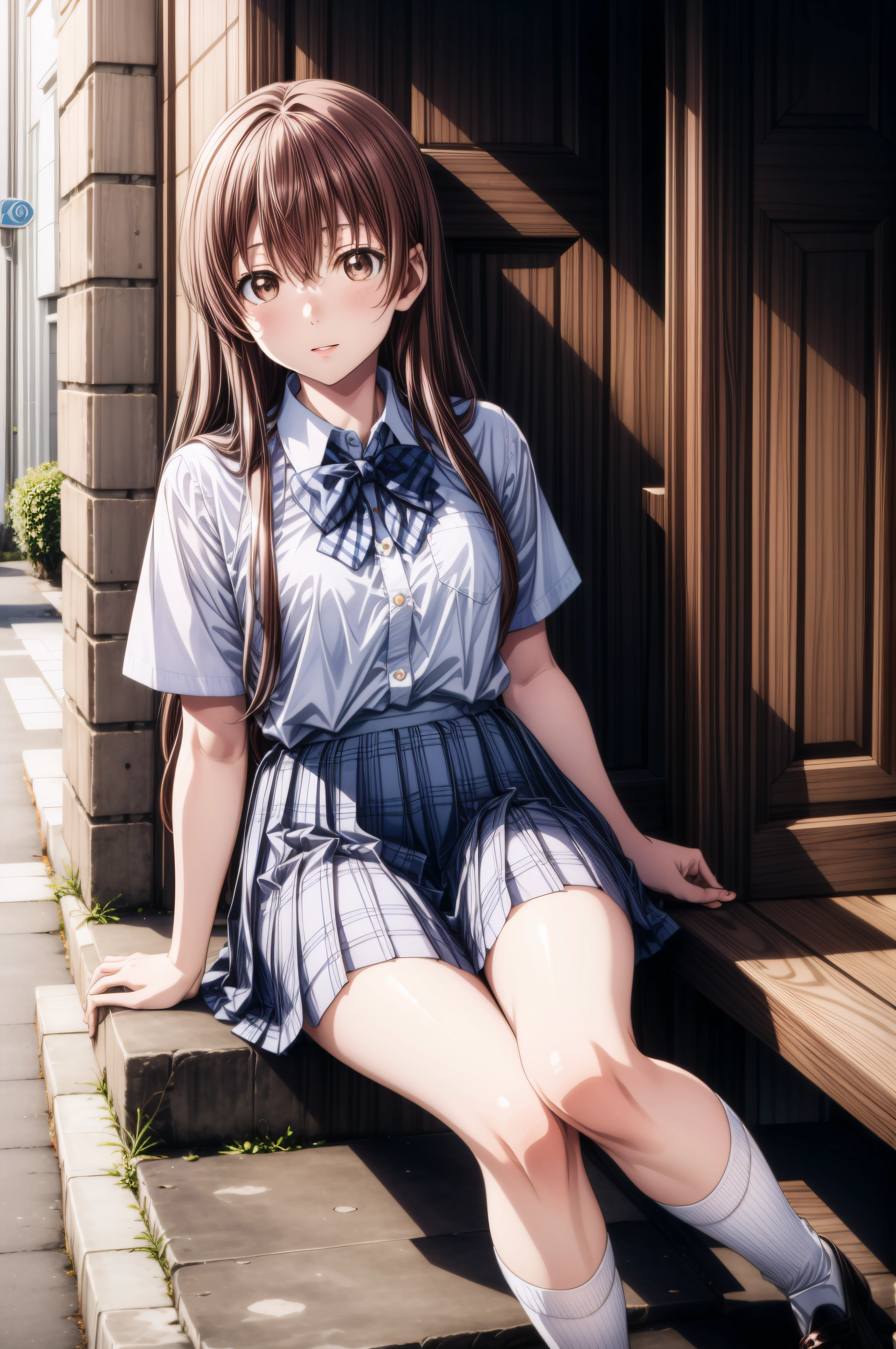 (masterpiece, best quality), <lora:shouko nishimiya v2-lora-Faxtron:0.8> shouko nishimiya, brown eyes, light brown hair, long hair, skirt, school uniform, white shirt, short sleeves, bow tie, pleated plaid skirt, white socks, shoes, 
<lora:add_detail:0.8>,