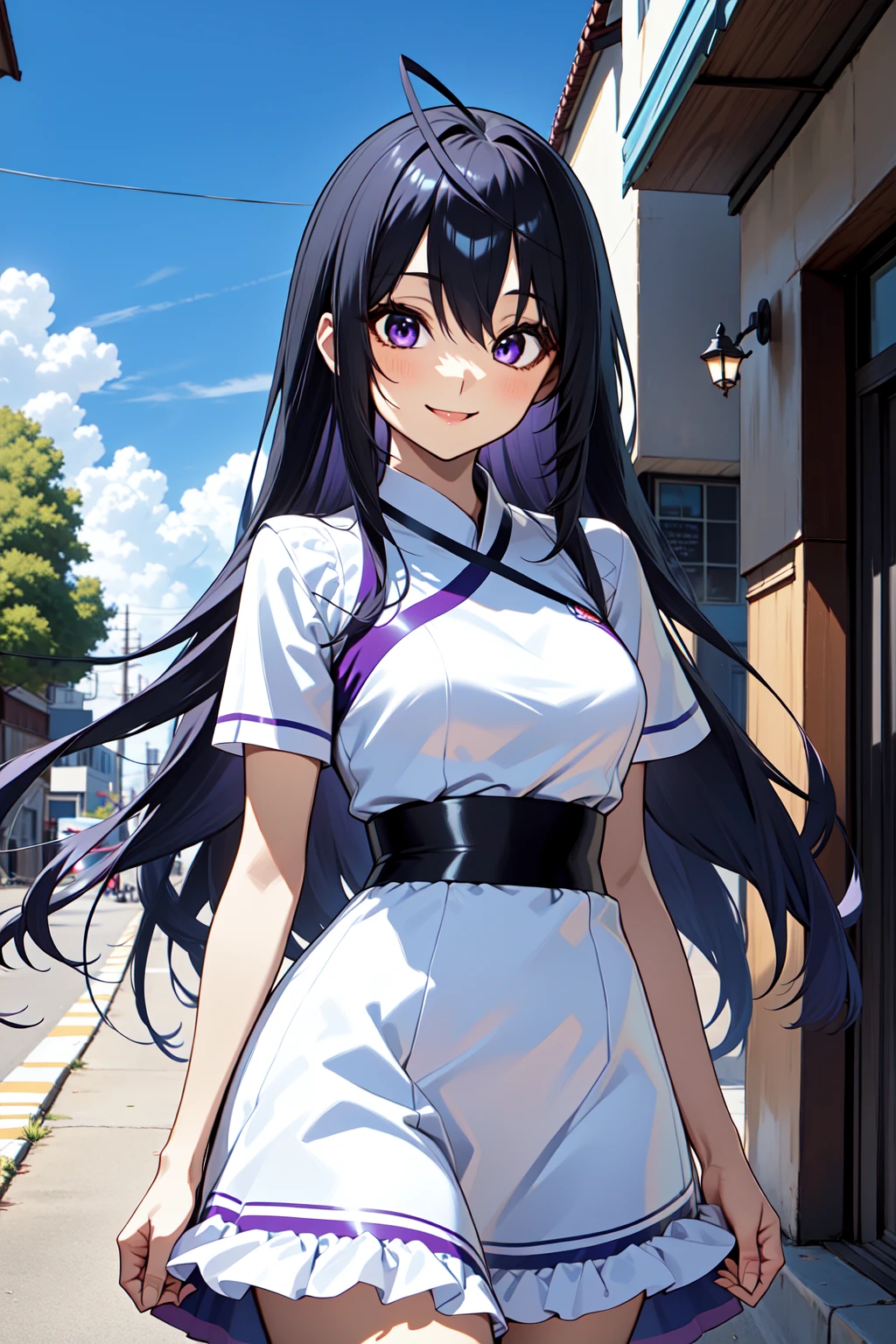 1girl, outdoors, (cowboy shot:1.2), smile,
yonagi_kei, purple eyes, black hair, long hair, ahoge, dress, <lora:yonagi_kei_lora_ver4:0.7>, best quality, masterpiece, highres, <lora:GoodHands-vanilla:1>