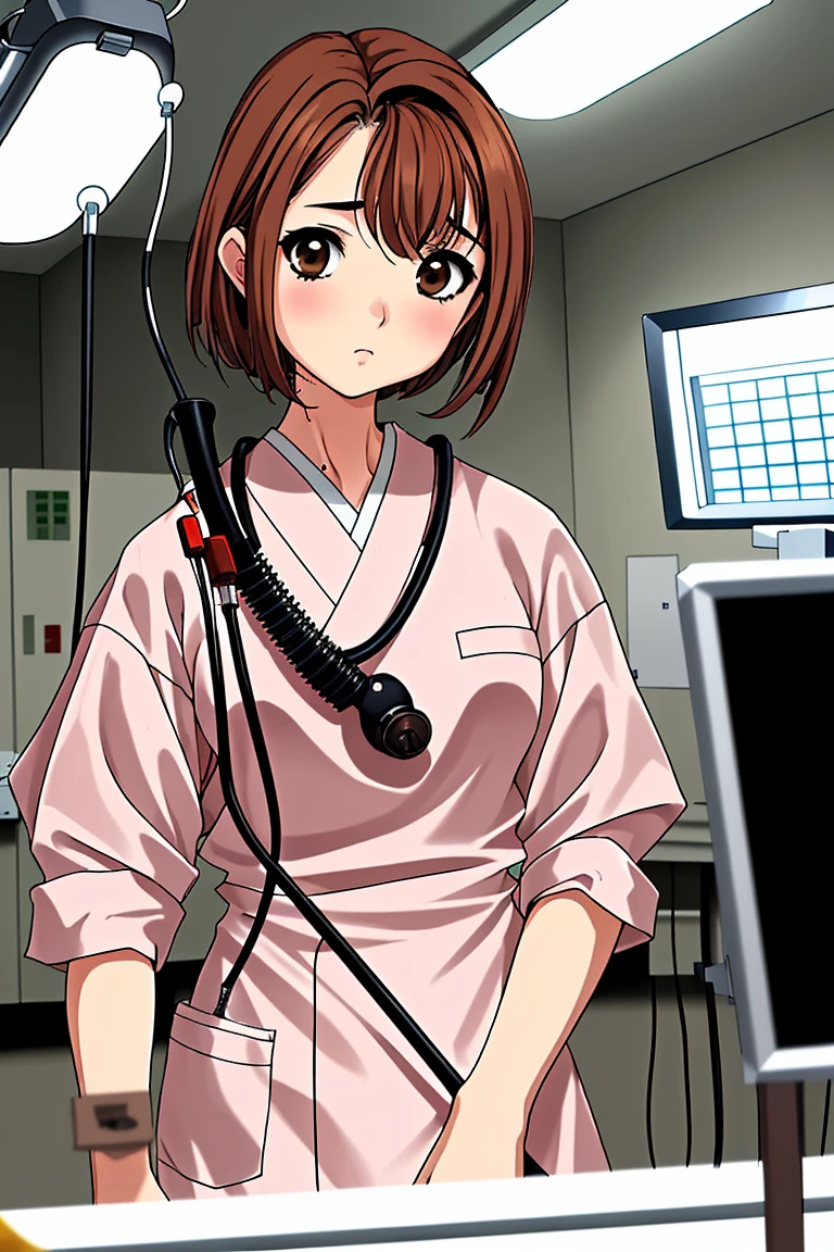 (RAW photo, best quality), 1girl, operating room, overhead surgical light, blurred background, focused, 
 <lora:Ayano Miyamori_PrivateNurse_V1.0-000009:0.8> ayano_pnurse,brown_hair,brown_eyes