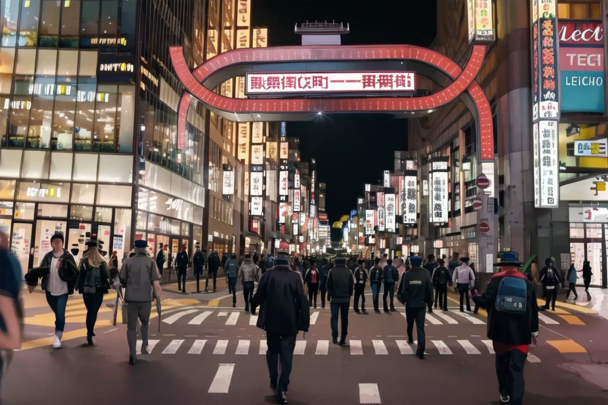 (masterpiece, best quality), 
kabukicho1, scenery, night, city, road, street, crosswalk, neon lights, sign, outdoors, multiple boys, 6+boys, building, vanishing point, lamppost, real world location, people, cityscape, walking
 <lora:kabukicho1_SD15_V1:1>