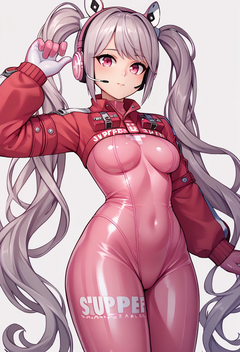 1girl, :d, animal ear headphones, animal ears, bangs, blush, bodysuit, breasts, covered navel, cropped jacket, fake animal ears, gloves, grey hair, hand on hip, headphones, headset, impossible bodysuit, jacket, latex, latex bodysuit, leg up, long hair, long sleeves, looking at viewer, medium breasts, multicolored gloves, open mouth, pink bodysuit, pink eyes, pink gloves, pink hair, puffy sleeves, red jacket, shiny, shiny clothes, shoes, shrug \(clothing\), simple background, skin tight, smile, solo, standing, standing on one leg, twintails, v, very long hair, white background, white footwear, white gloves,alice \(nikke\),(masterpiece:1.4),(best quality:1.4),(shiny skin),realistic