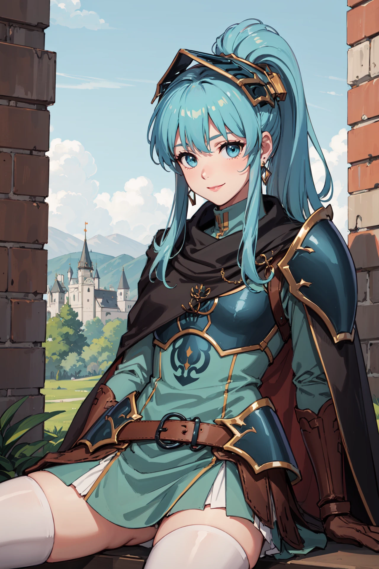 sitting,smile,spread legs, <lora:BraveEirikaV1-000010:0.85>,bra_eirika, thigh_boots,white_thighhighs,long sleeves,elbow gloves, skin dents, breastplate, cape, shoulder armor, jewelry, belt, earrings, armored boots, zettai ryouiki, skirt, turtleneck,outdoors,castle,(masterpiece, best quality, ultra-detailed, best shadow)