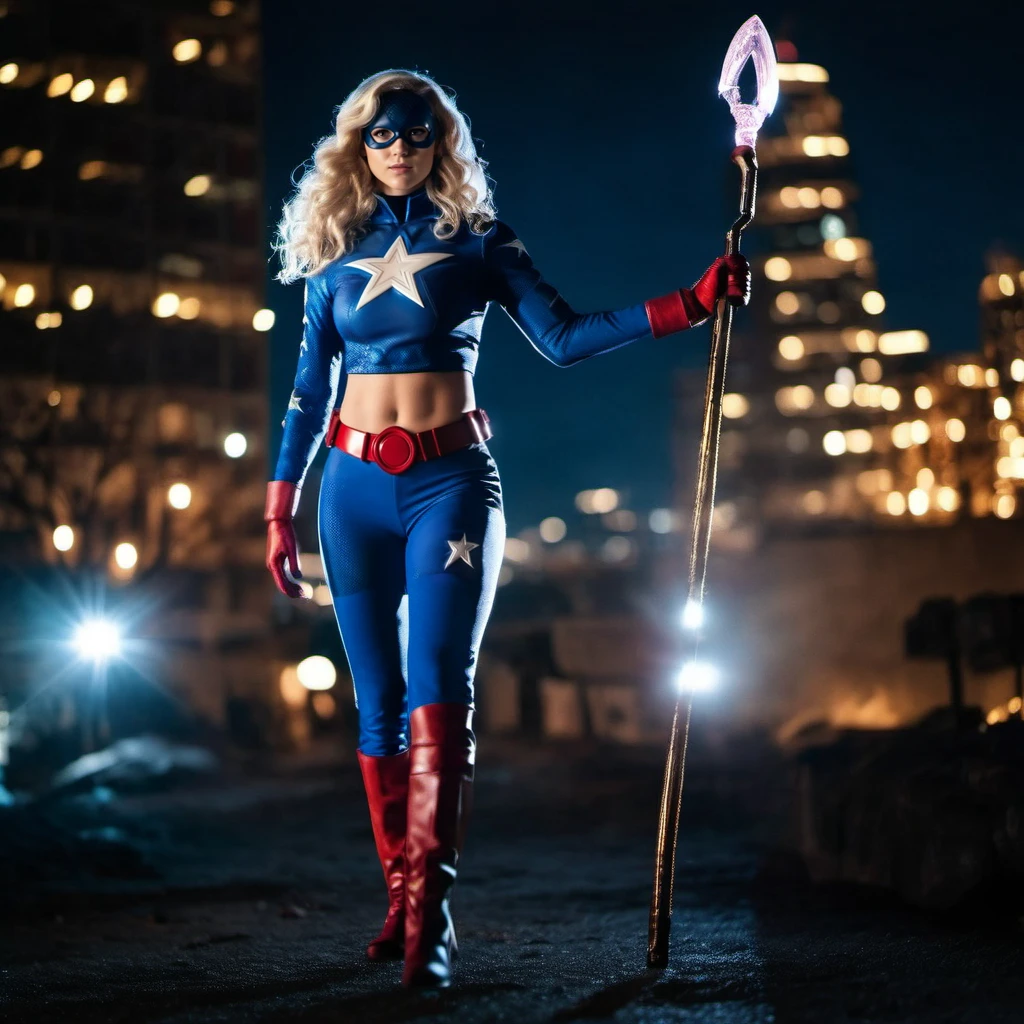 cinematic photo a blonde woman dressed as a superhero, fighting pose with a stick, night, city background <lora:Stargirl1024:0.8> . 35mm photograph, film, bokeh, professional, 4k, highly detailed