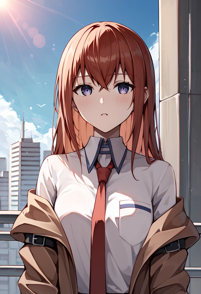 score_9, score_8_up, <lora:kurisu:1> kurisu, 1girl,solo, off shoulder,brown jacket,collared shirt,red necktie, black shorts, black pantyhose, upper body, akihabara,city,electric town,midday,sunlight