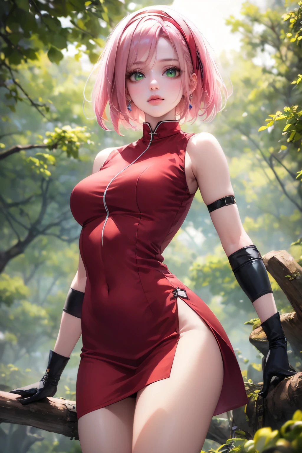 <lora:xiaoyin-6:0.8>,(face lighting:0.8),bright backlight,super high resolution,best quality,Photos,4k,(Realistic:1.2),xiaoyin,1girl,pink hair,short hair,green eyes,hairband,gloves,thigh,outdoor,dress,