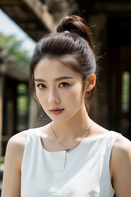 HWGIRL,masterpiece,ultra realistic,32k,extremely detailed CG unity 8k wallpaper, best quality,(summer day ),lady ,necklace ,eardrop, Angkor Wat, Cambodia, ( Mustard Pairing feminine and masculine pieces ) , Burgundy hair tight ponytail ,,<lora:Hwgirl_V017:0.9>,