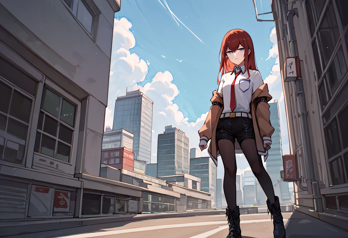 score_9, score_8_up, <lora:kurisu:1> kurisu, 1girl,solo, off shoulder,brown jacket,collared shirt,red necktie, black shorts, black pantyhose, black footwear,boots,city