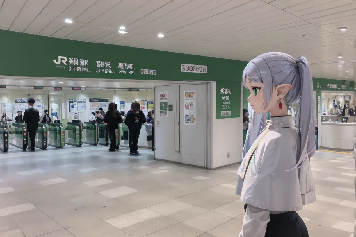 best quality,masterpiece,ultra high res, anime coloring, 
1girl, frieren, long hair, twintails, (green eyes:1.5), grey hair, pointy ears, elf, shirt, long sleeves, jewelry, earrings, capelet, shirt, looking to the side, from side, 
higashikaisatsu, shinjuku, entrance, scenery, indoors, real world location
 <lora:shinjuku_higashikaisatsu_SD15_V1:0.8> <lora:frierenv2-lora-nochekaiser:0.8>