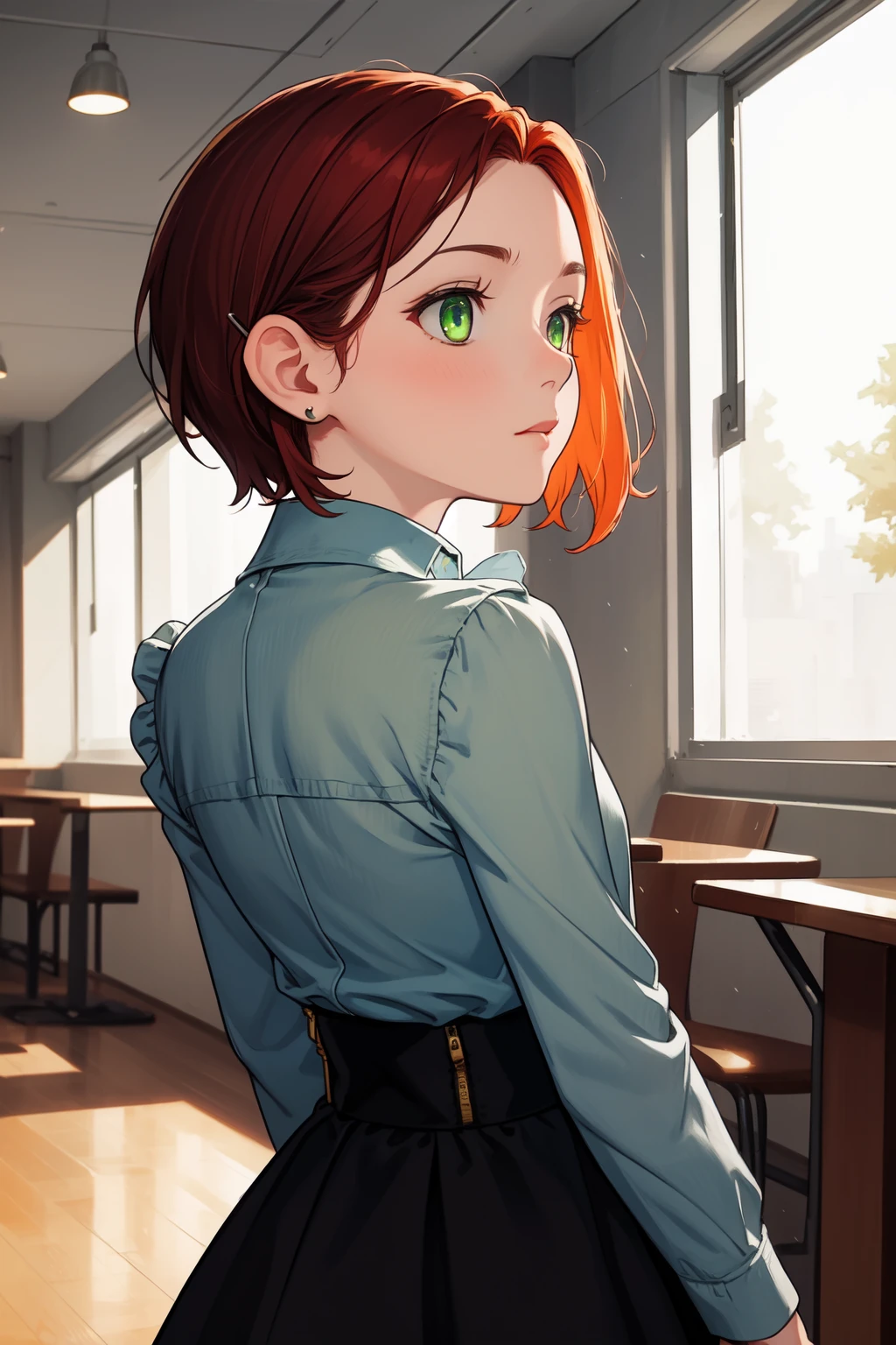 (masterpiece, best quality, SFW:1.2), celestial, masterpiece, colorgrading, ektachrome, BREAK, 1girl, anxious, looking up, forehead,  cute, petite, flat_chest,  (deep red hair, pixie cut, widow's peak:1.2), (light green eyes:1.2), BREAK, (orange_colored sweater dress, torn clothes,  high-waist skirt, , earclip), BREAK, from behind,portrait, arched back, BREAK, indoors, cafeteria