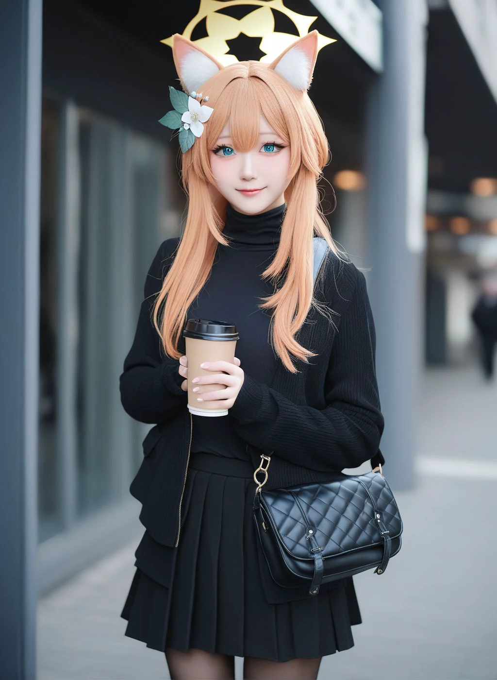 realistic photography, <lyco:cosgine-xl-lokr-000016:1>
long sleeves, halo, solo, blush, hair ornament, holding cup, bag, smile, orange hair, turtleneck, depth of field, mari \(blue archive\), blue eyes, cat ears, alternate hairstyle, open clothes, black skirt, disposable cup, pantyhose, alternate costume, animal ears, skirt, casual, closed mouth, holding, cup, coffee cup, flower, 1girl, hair bun