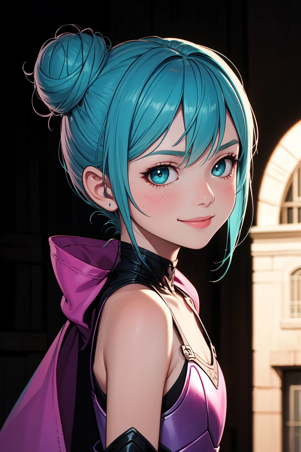 (masterpiece, best quality, SFW:1.2), digital art, hyperrealism, low contrast, cinematic lighting, BREAK, 1girl, joyful, grin, looking at viewer, cute, petite, flat_chest,  (aqua_blue hair, hair bun, sidelocks tied back:1.2), (medium aquamarine eyes:1.2), BREAK, (hotpink armor), BREAK, vanishing point,eye focus,portrait, wariza, BREAK, building, minaret