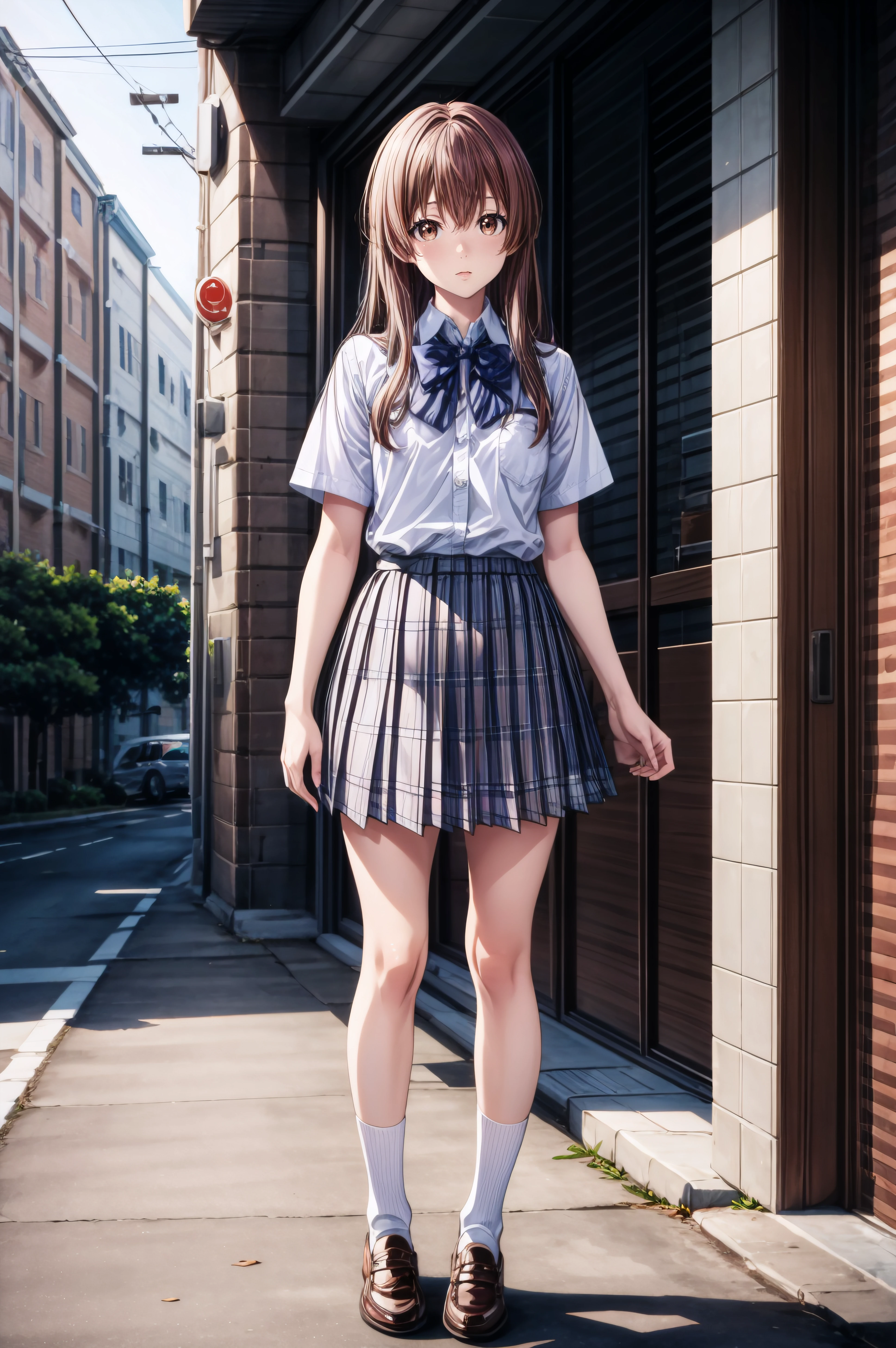 (masterpiece, best quality), <lora:shouko nishimiya v2-lora-Faxtron:0.8> shouko nishimiya, brown eyes, light brown hair, long hair, skirt, school uniform, white shirt, short sleeves, bow tie, pleated plaid skirt, white socks, shoes, standing, full body,
<lora:add_detail:0.8>,