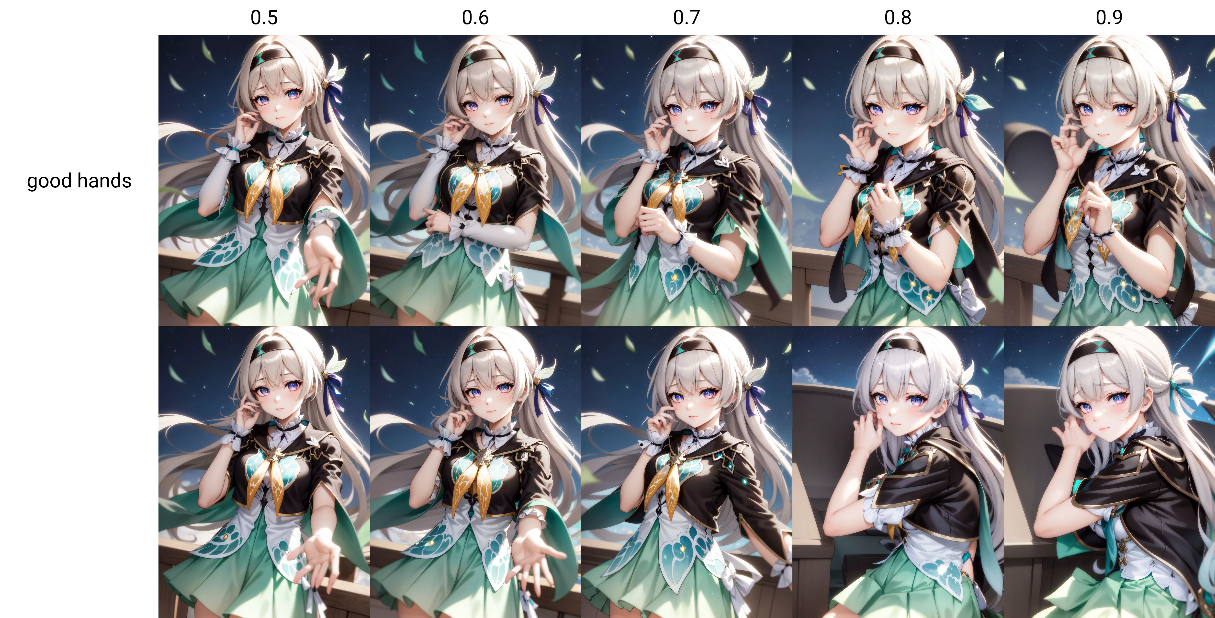 <lora:Firefly_v1.3_Gtonero:1> 1girl, solo, standing, white dress, jacket, purple eyes, white hair, black hairband, hand on own face, blue skirt, firefly \(honkai: star rail\)
BREAK
<lora:goodhands:0.5> good hands, closed mouth, upper body,