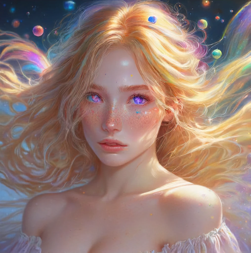 raibow eyes, 1girl,solo,long hair,blouse,breasts,looking at viewer,blonde hair,cleavage,closed mouth,upper body,lips,floating hair,freckles,focus on eye, coloured sclera <lora:rainbow_iris_v2:0.7>