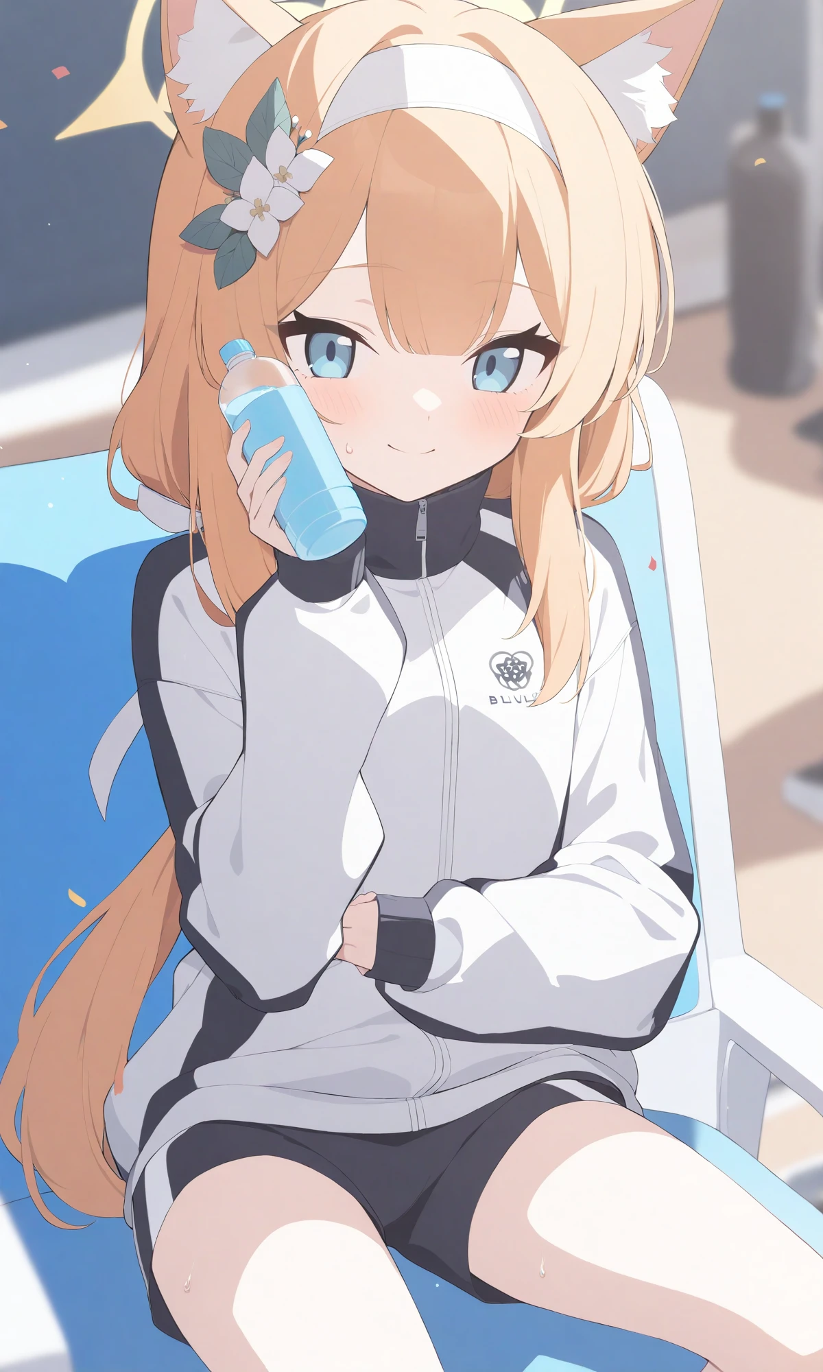 1girl mari_\(blue_archive\) animal_ears official_alternate_costume solo jacket bottle blue_eyes shorts track_jacket orange_hair halo hair_ornament flower hair_flower long_hair sitting blush water_bottle holding looking_at_viewer hairband holding_bottle multicolored_jacket two-tone_jacket confetti chair animal_ear_fluff sweat multicolored_clothes blurry white_hairband gym_shorts closed_mouth bangs blurry_background long_sleeves black_shorts smile short_shorts ponytailnewest amazing_quality very_aesthetic absurdres best_quality