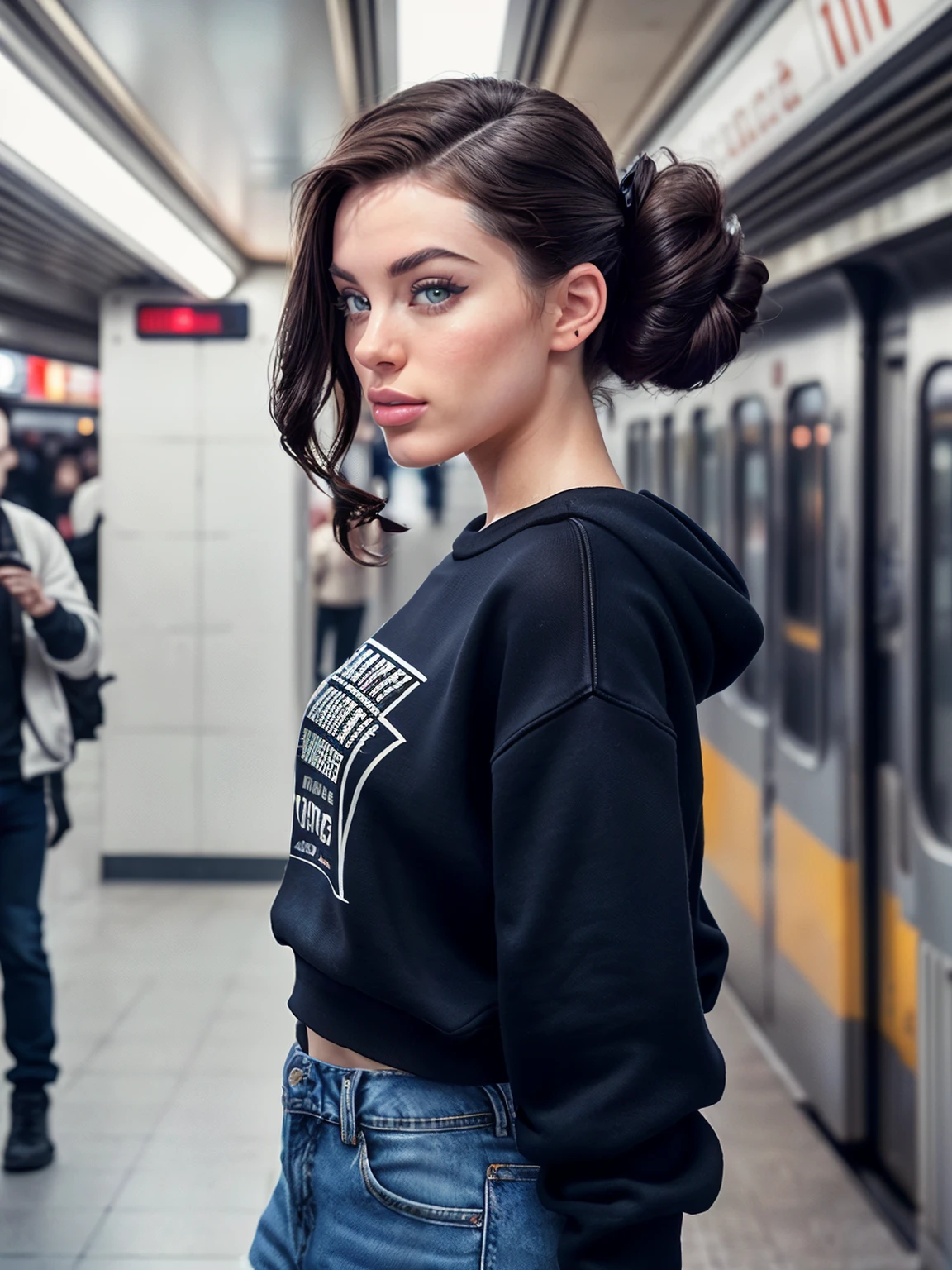 photo of beautiful (block_larho:0.99), a beautiful woman, ((hair in updo)), (portrait), (wearing crewneck sweatshirt, jeans:1.1), in a (metro station), ((night time:1.2)) (analog, cinematic, film grain:1.3), ((detailed eyes)), (color picture:1.1), (looking at viewer)